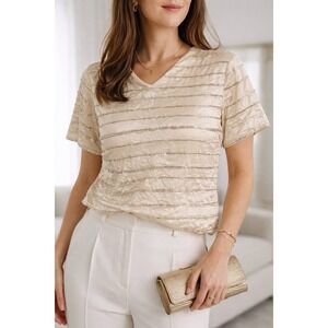 Vintage women's shirt beaded silk short sleeves shoulder pads 80S cream and gold